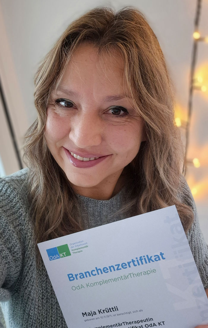 Maja Krüttli - Komplementärtherapeutin mit Branchenzertifikat OdA KT, Methode der Komplementär Therapie Kinesiologie